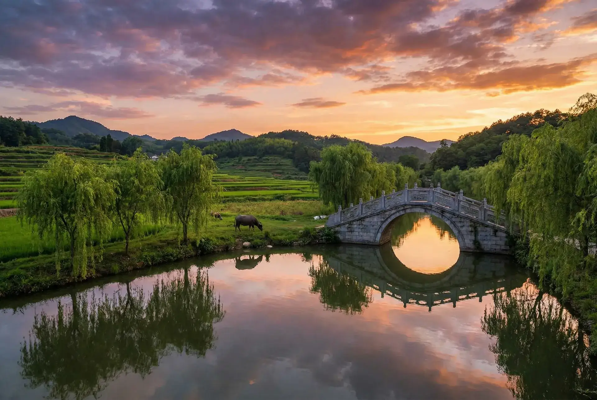 夕阳下的石拱桥与垂柳，水牛在河边吃草 - 3d蒲团肉 乡村美景